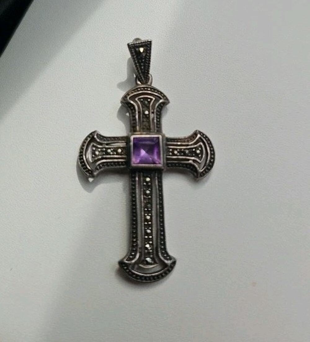 Vintage Sterling Silver Purple Amethyst Stone marcasite Cross Pendant 925